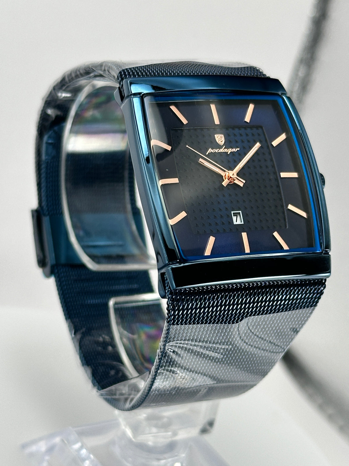POEDAGAR 885 – Reloj de Cuarzo Rectangular con Malla Milanesa