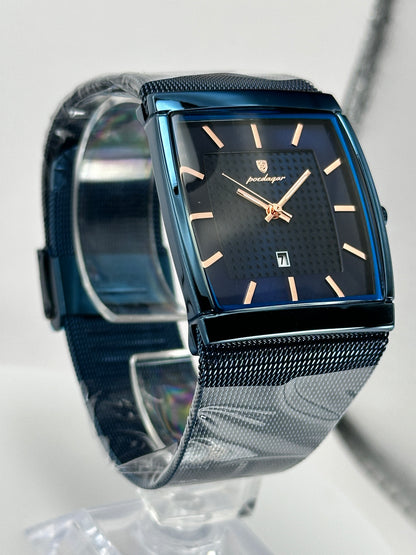 POEDAGAR 885 – Reloj de Cuarzo Rectangular con Malla Milanesa