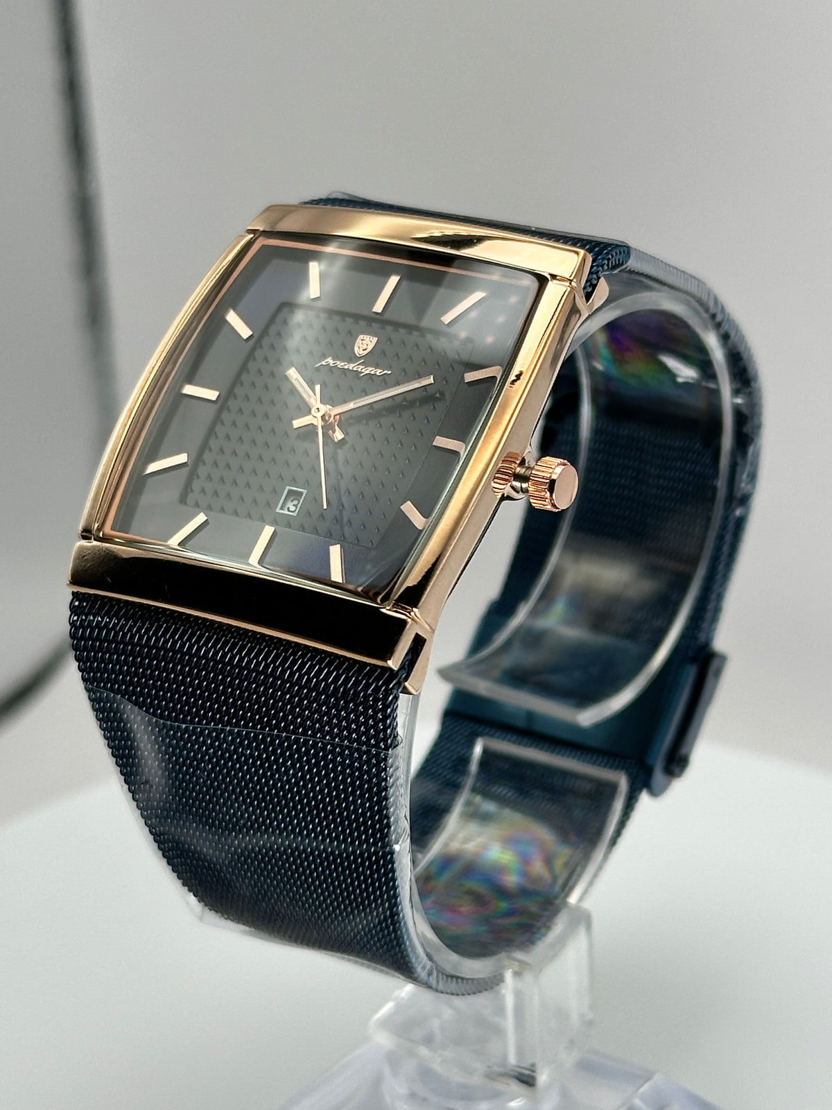 POEDAGAR 885 – Reloj de Cuarzo Rectangular con Malla Milanesa