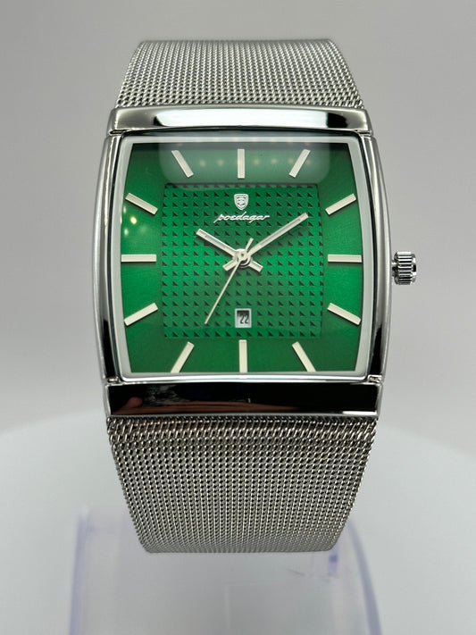 POEDAGAR 885 – Reloj de Cuarzo Rectangular con Malla Milanesa