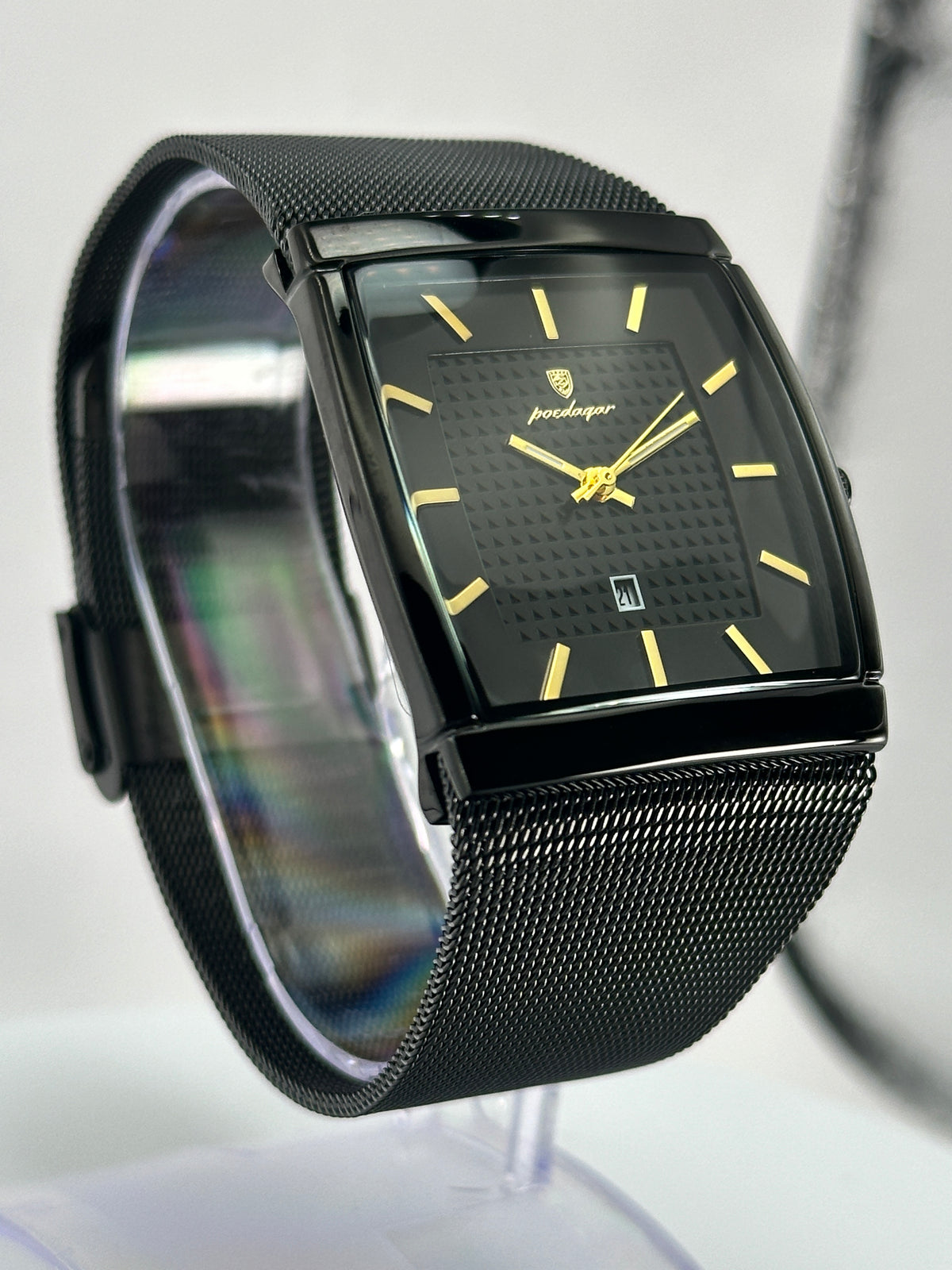POEDAGAR 885 – Reloj de Cuarzo Rectangular con Malla Milanesa