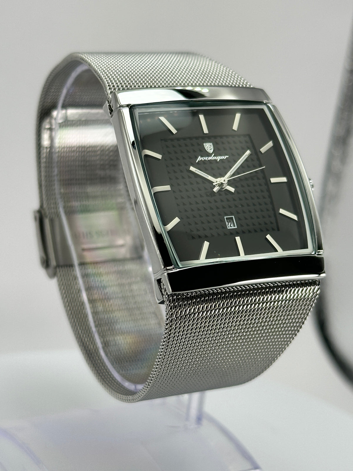 POEDAGAR 885 – Reloj de Cuarzo Rectangular con Malla Milanesa